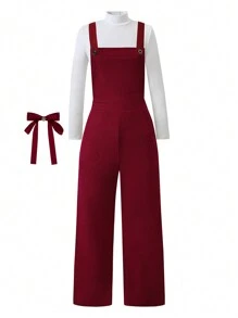 2 Pieces Set For Tween Girl, Casual Red Party Overall Jumpsuit And T-Shirt, Stylish And Versatile, Suitable For Fall And Spring Winter