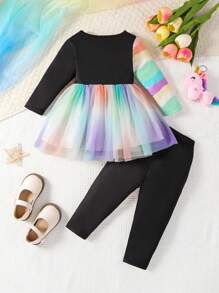 Toddler Girls Cartoon Print Fashionable Set, Long Sleeve Mesh Cute Princess Dress, Suitable For Casual, Travel And Party - Black - View 2