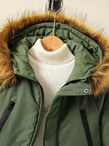 Tween Boys Hooded Mid-Length Padded Coat For Tween Boys, Casual - Army Green - View 5