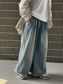 SHEIN 青少年男孩时尚休闲复古蓝色牛仔宽松舒适灯笼牛仔裤，适合日常穿着的男孩服装和秋冬儿童服装 - 藍色 - 查看 1