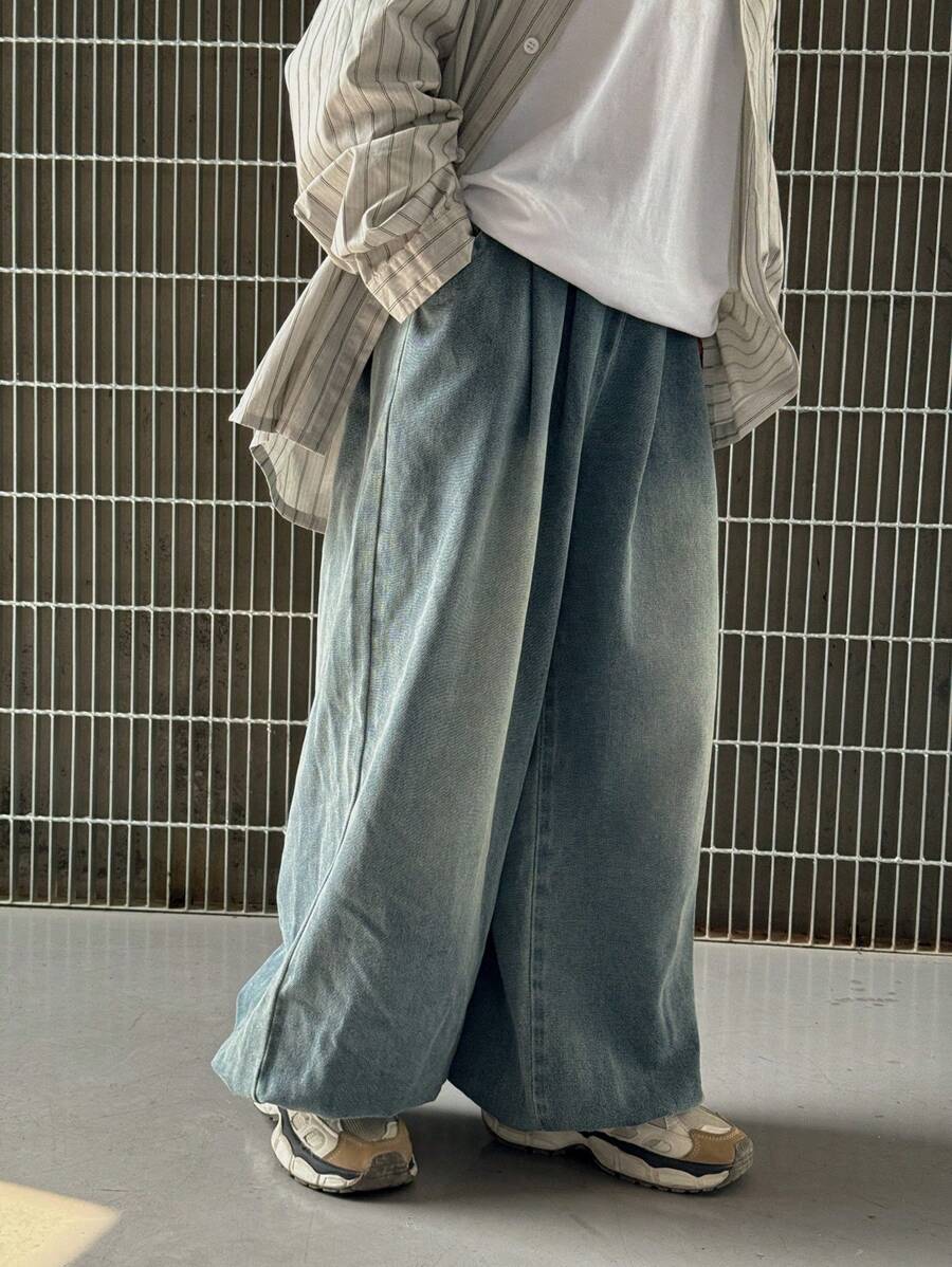 SHEIN 青少年男孩时尚休闲复古蓝色牛仔宽松舒适灯笼牛仔裤，适合日常穿着的男孩服装和秋冬儿童服装 - 藍色 - 查看 1