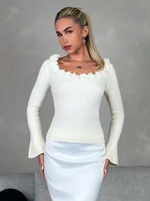 SHEIN Unity 3D Floral Knitted Sweater With Flared Sleeves, Elegant, Fall Winter - Apricot - View 1