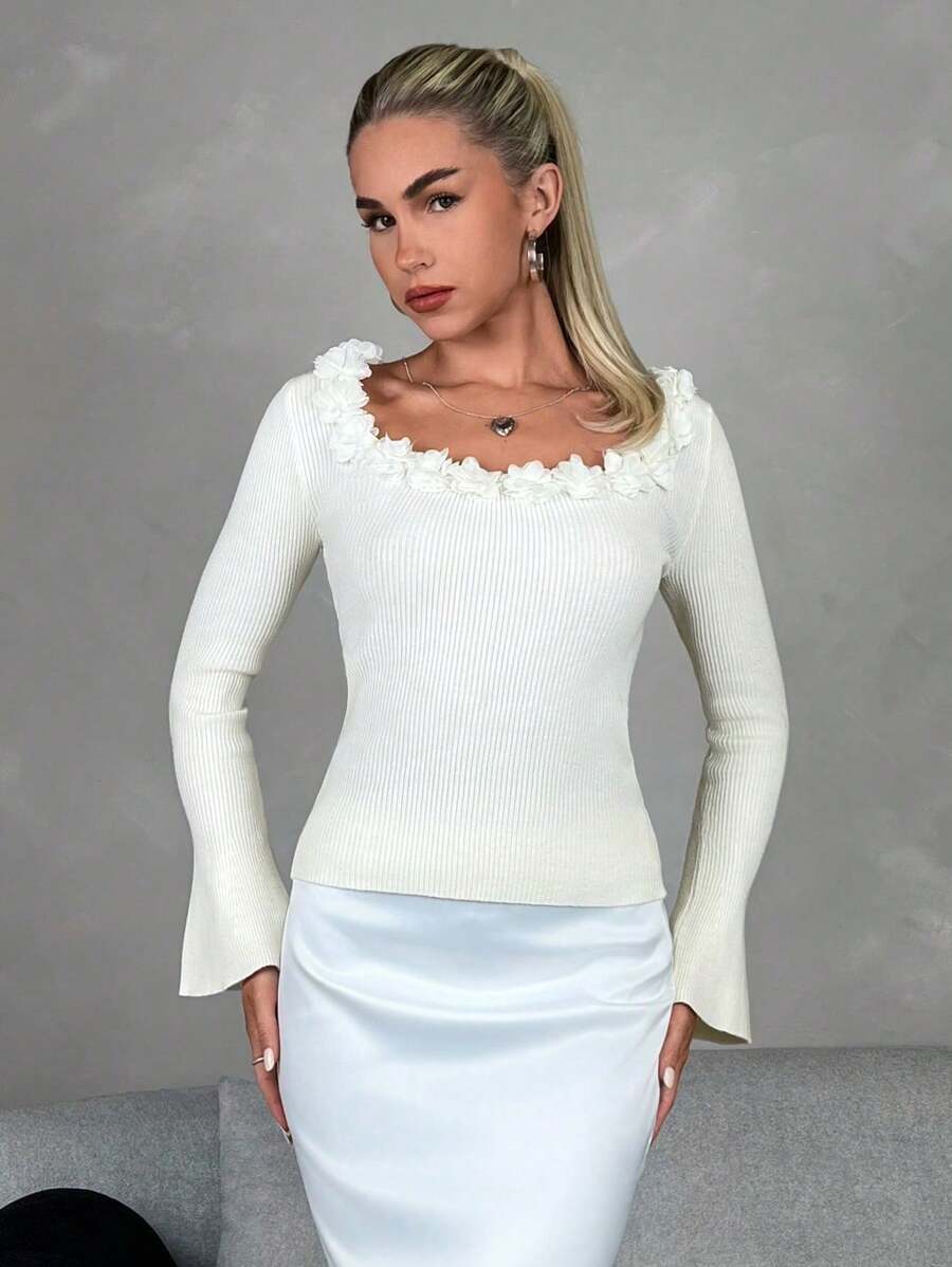 SHEIN Unity 3D Floral Knitted Sweater With Flared Sleeves, Elegant, Fall Winter - Apricot - View 1