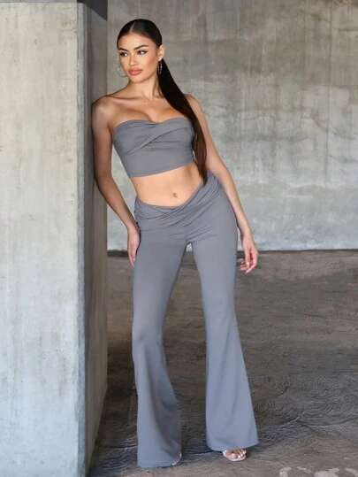 Denimoi Conjunto de dos piezas: Top corset con efecto twist y pantalones acampanados