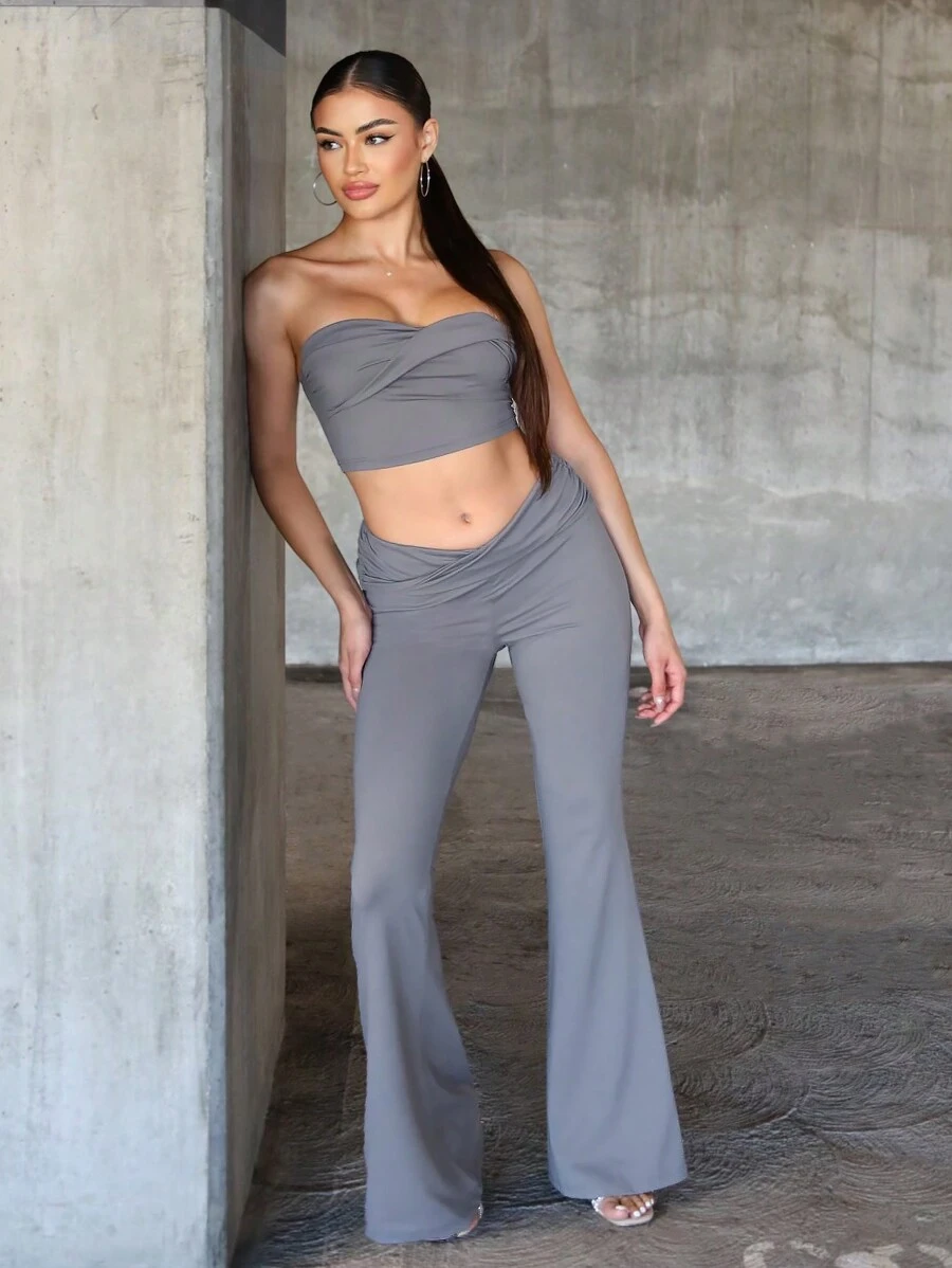 Denimoi Twist Bust Corset Top & Flared Pants Two Pieces Set - Grey - View 1