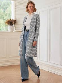 SHEIN Unity 1pc Women Casual Wave Patterned Thin Fleece Cardigan Jacket Fall Cloth For Women - Grey - View 5