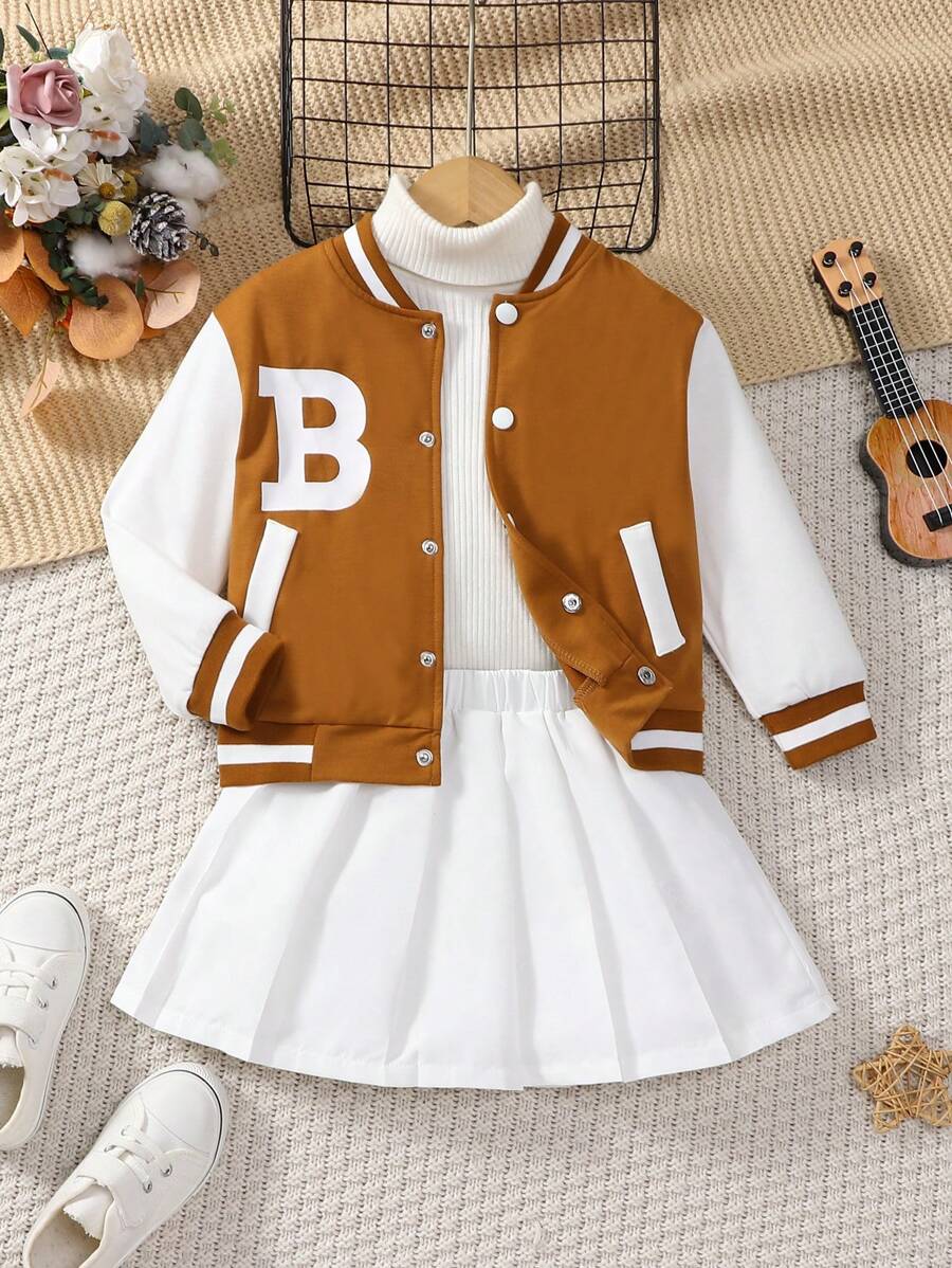 SHEIN Young Girl 2pcs Set: Colorblock Letter & Striped Print Button-Front Long Sleeve Jacket + Solid Color Pleated A-Line Skirt - Brown - View 1