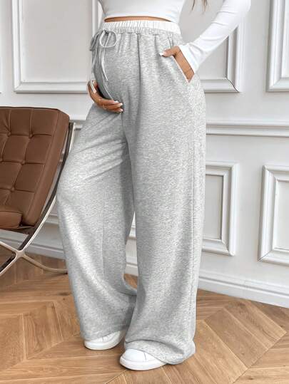 SHEIN Pregnant Women Casual Loose Wide Leg Pants With Angled Pockets, Spring/Autumn, For Maternity