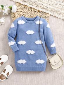 SHEIN Leap Crew Baby Girl Cute Sky And Cloud Print Long Sleeve Sweater Dress For Autumn/Winter - Blue - View 1