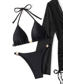 SHEIN SXY Summer Beach Sheer Bikini Set Pearl Decor Halter Triangle Bra & V-String Bottom & Cover Up Dress 3 Piece Bathing Suit
