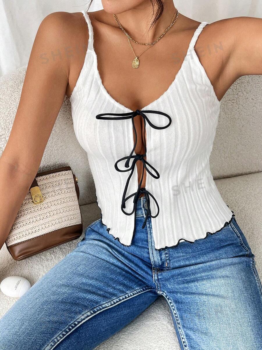 SHEIN Frenchy Camiseta de tirantes de mujer en de verano con contraste de color y ribete de lechuga con lazo
