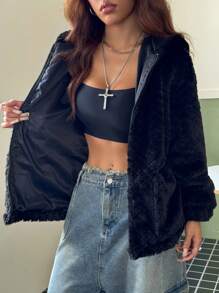 SHEIN EZwear Pineapple Print Zipper Drawstring Hem Hooded Teddy Jacket - Black - View 7