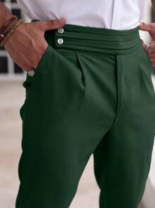 Manfinity Homme 男士纯色纽扣装饰口袋休闲裤，适合日常穿着 - 綠色 - 查看 2