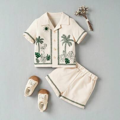 春夏のバケーションに適した、男の子用ファッショントロピカル柄刺繍入りショートスリーブシャツとショーツのセット