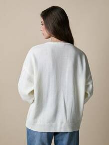 SHEIN Cottnline Crew Neck Loose Cable Knit Cardigan - Beige - View 4