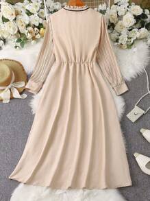 SHEIN Clasi Women's Elegant Tie Collar Color-Block Pleated Long Sleeve Dress Maxi Women Outfit