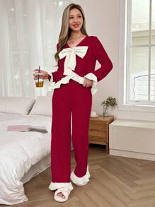 Dream Adore Bộ đồ ngủ nữ họa tiết nơ nhiều màu Jacquard trang trí mùa lễ hội - Màu Đỏ Sâu - Xem 3