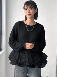FRIFUL Women Solid Color Round Neck Dolman Sleeve Ruffle Hem T-Shirt, Autumn