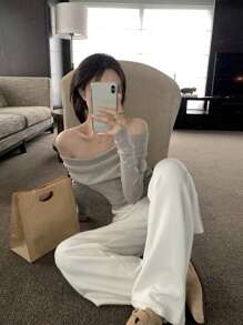 DAZY 女士纯色露肩长袖修身毛衣，秋季上衣露肩毛衣，秋季女装 - 灰色 - 查看 7