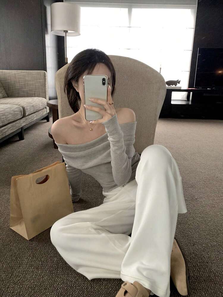 Women's Solid Color Off-Shoulder Long Sleeve Fitted Sweater, Autumn Top Off Shoulder Sweater,Fall Women Clothes