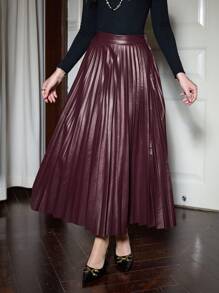 Vintamour Vintage Elegant Women's Pleated PU Leather High Waist Skirt, Retro Elegant Style, Suitable For Casual Or Work Wear, Autumn/Winter Winter Women Clothes Thanksgiving Women Outfit Winter Outfits Women Skirts Christmas Women Clothes Christmas Outfits Christmas Party Skirt Christmas Clothes Holiday