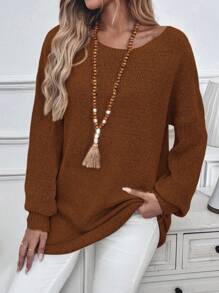 SHEIN LUNE 针织毛衣，纯色，宽松，休闲秋季圆领落肩蝙蝠袖针织 - 咖啡棕 - 查看 3