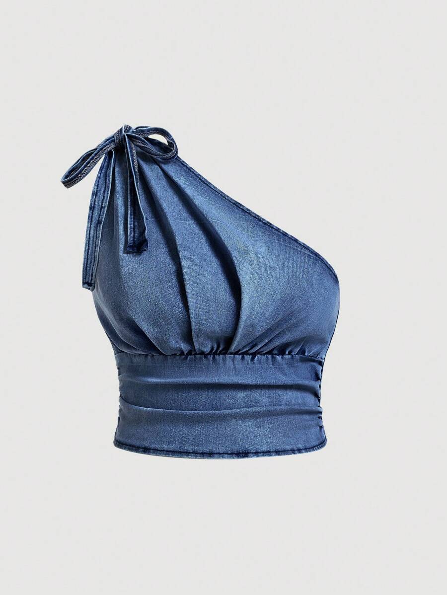 SHEIN MOD 大码女式蓝色牛仔蝴蝶结肩衬衫 - 深色水洗藍 - 查看 1