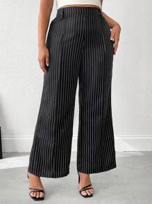 Flirla Celana Kasual Potongan Lurus Motif Garis-garis Ukuran Besar dengan Kantong - Hitam - View 6