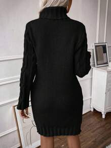 女式休闲日常高领纯色粗针织毛衣裙，秋冬 - 黑色 - 查看 2