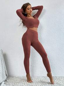 Bộ 2 món áo len ngắn màu trơn thường ngày và quần bó cho nữ, Thu/Đông - Cà phê nâu - Xem 5