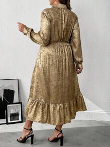 Flirla Women's V-Neck Long Sleeve Cinched Waist Drawstring Bell A-Line Patchwork Ruffles Dress, Gold Foil, Autumn/Winter - Gold - View 2