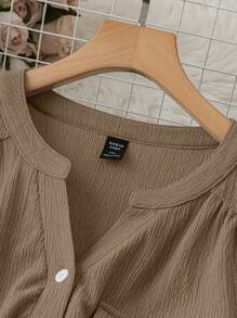 SHEIN Clasi Plus Size Solid Color Button Front Long Sleeve Pocket Decor Casual Blouse Fall Cloth For Women - Khaki - View 5