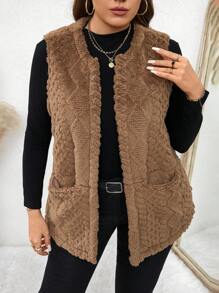 SHEIN LUNE Áo vest hở hai túi phía trước họa tiết lông mềm mại cỡ lớn dành cho nữ, thích hợp mặc vào mùa thu, quần áo mùa thu cỡ lớn - Màu be - Xem 3