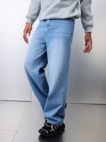 SHEIN Jeans rectos holgados y cómodos de mezclilla azul casual de moda para adolescentes varones, para uso diario y ropa de otoño/invierno para chicos adolescentes
