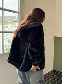 SHEIN EZwear Pineapple Print Zipper Drawstring Hem Hooded Teddy Jacket - Black - View 2