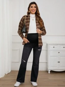 SHEIN Maternity Adjustable Waist Ripped Casual Flare Leg Jeans - Black - View 4