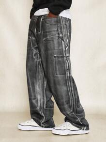 宽腿木匠牛仔裤 建筑线条细节 宽松版型 个性牛仔 工作服 节日时尚 街头风格 都市现代 高档裤子 - 黑色 - 查看 3