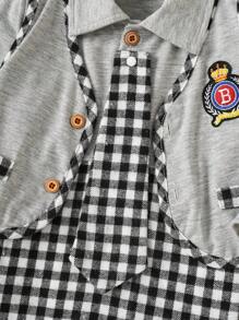 SHEIN 1pc Baby Boys' Gentleman Academy Style Badge Fake Two Plaid Long Sleeve Jumpsuit, Suitable For Daily Wear, Fall/Winter - Multicolor - View 5