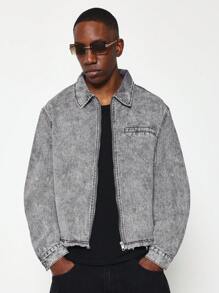 SUMWON Vintage Style Trucker Denim Jacket Frayed Hem Zip Front Casual Streetwear Spring Fall Outerwear Classic Cotton - Grey - View 1