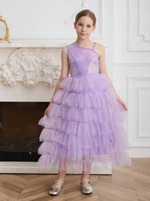 SHEIN Girls Elegant Luxurious Lavender Sleeveless Multi-Layer Tulle Midi Dress, Suitable For Evening, Party, Wedding, Birthday, Holiday, Christmas, Halloween