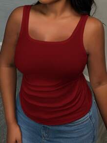 Slaydiva Áo thun cơ bản cổ tròn cho nữ cỡ lớn, áo ba lỗ có gân, xếp ly bên hông màu đỏ không tay - Màu Đỏ Sâu - Xem 4
