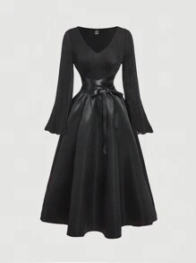 SHEIN MOD 女式喇叭长袖蕾丝前饰黑色连衣裙、吸血鬼连衣裙、海盗连衣裙、女士连衣裙、希腊女神连衣裙、冬季女士连衣裙、葬礼黑色连衣裙、感恩节、女士连衣裙、海盗连衣裙 - 黑色 - 查看 1