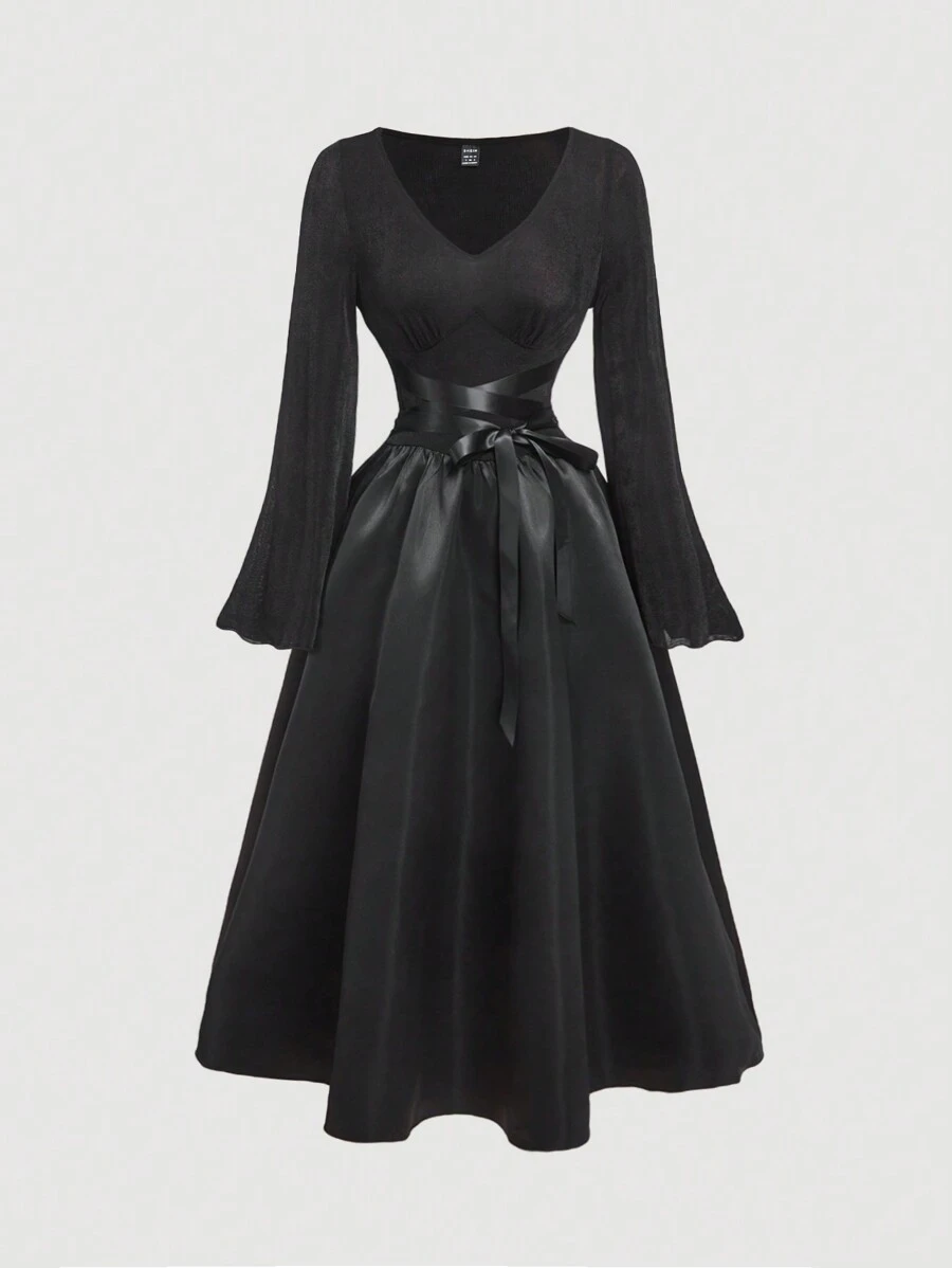 SHEIN MOD 女式喇叭长袖蕾丝前饰黑色连衣裙、吸血鬼连衣裙、海盗连衣裙、女士连衣裙、希腊女神连衣裙、冬季女士连衣裙、葬礼黑色连衣裙、感恩节、女士连衣裙、海盗连衣裙 - 黑色 - 查看 1