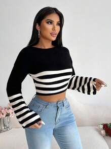 VaVaBold Áo len cổ thuyền phối màu tay chuông, kiểu dáng ôm eo, thích hợp mặc mùa thu đông. - màu đen - Xem 3