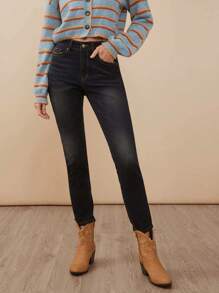 WESTFADE 优质牛仔弹力棉中腰紧身牛仔裤 - 黑色 - 查看 1