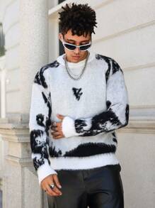 Manfinity Hypemode Men's Round Neck Long Sleeve Graphic Detail Casual Sweater - White - View 6