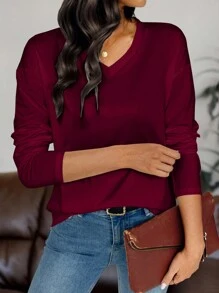 EMERY ROSE Women's Long Sleeve V-Neck Solid Color Simple T-Shirt - Burgundy - View 4