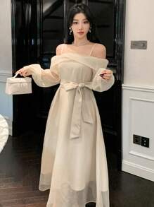 DAZY Women's Off Shoulder Solid Color Mid-Length Mesh Dress,Elegant Beige Autumn Party Prom Dress,Long Sleeve Birthday New Year Eve Back To School Clothes - Beige - View 1