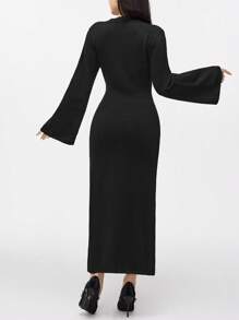 Modelyn Women V-Neck 3D Floral Textured Pullover Sweater Dress - Black - View 2