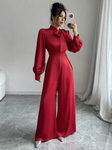 Selianne 女士优雅缎面连体裤，带超大蝴蝶结设计，长袖，阔腿，春秋季新年节日派对服装